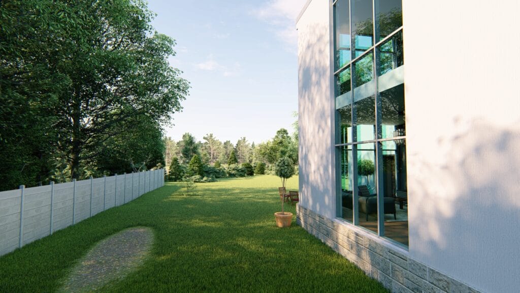 3D exterior render of backyard and garden – modern residential house