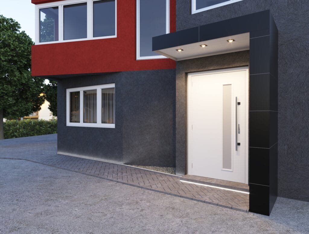 3D exterior rendering of a modern house entrance