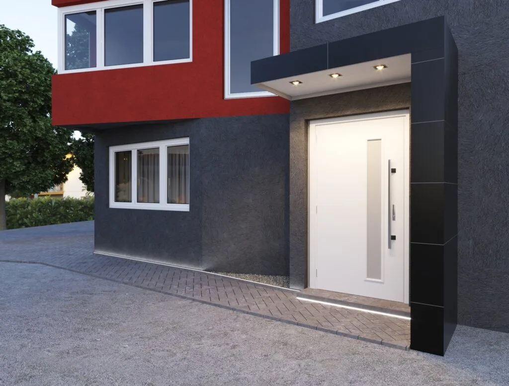 3D exterior rendering of a modern house entrance