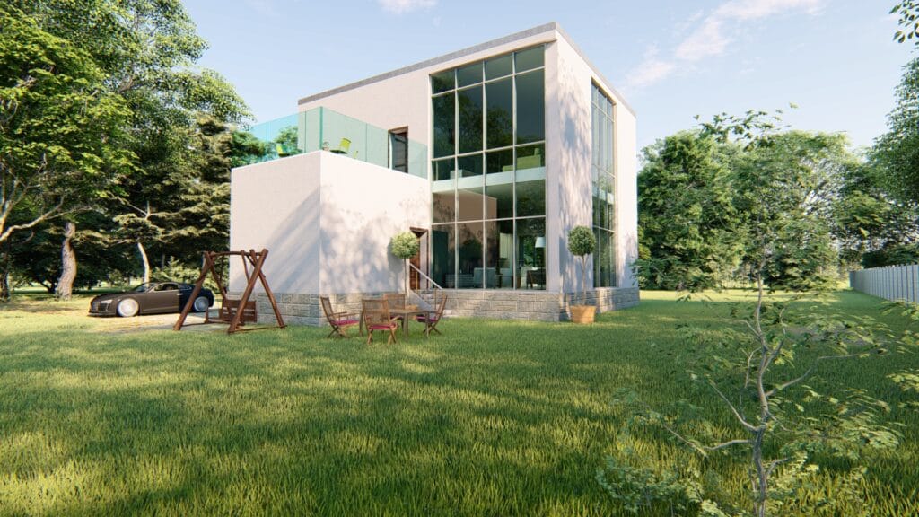 3D exterior visualization of a modern glass-front house with garden