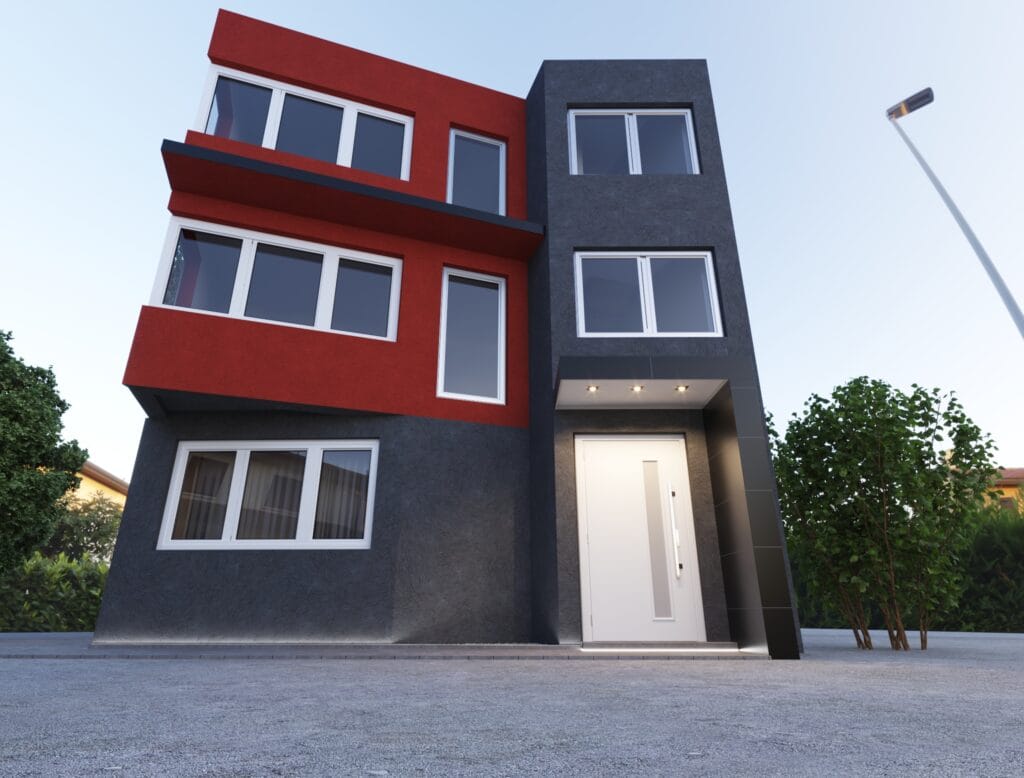 3D exterior visualization of a modern residential house – front view