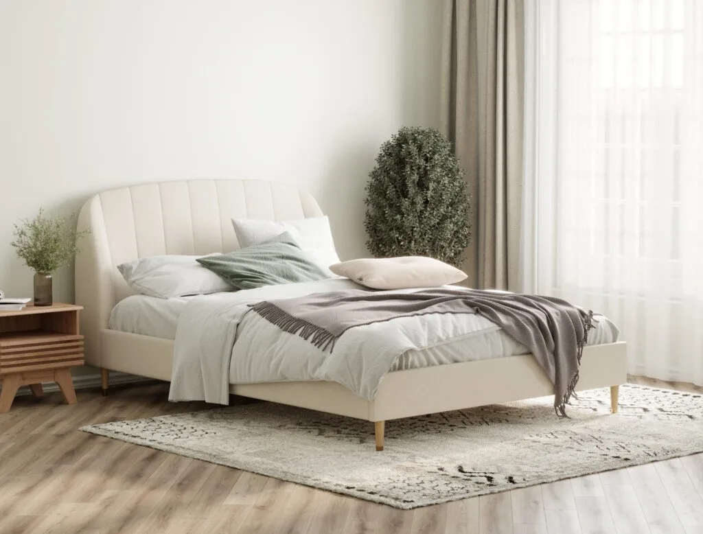 3D furniture studio rendering of a modern upholstered bed frame – Intervibe Studio