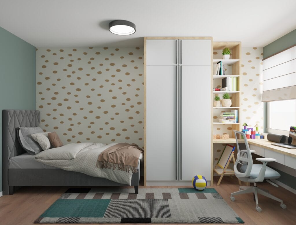 3D visualization of a modern kids room with wardrobe and desk – Intervibe Studio