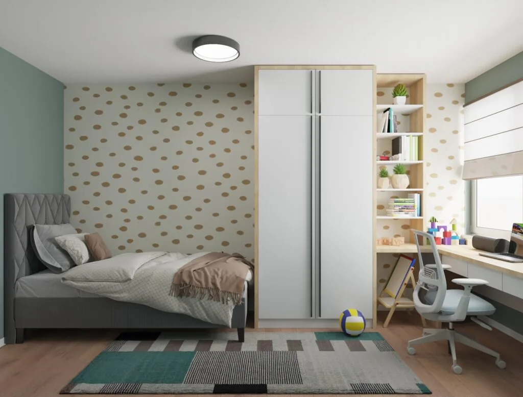 3D visualization of a modern kids room with wardrobe and desk – Intervibe Studio