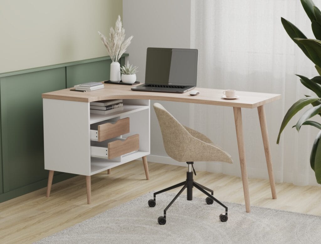 Wooden desk with drawers in home office with chair and laptop – 3D visualization