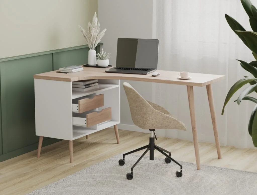 Wooden desk with drawers in home office with chair and laptop – 3D visualization