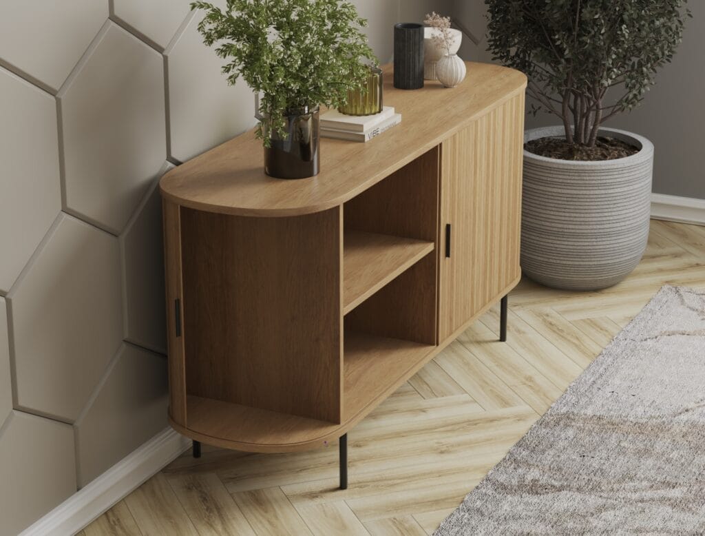 Oval wooden TV stand with rounded edges and black legs. - Intervibe studio