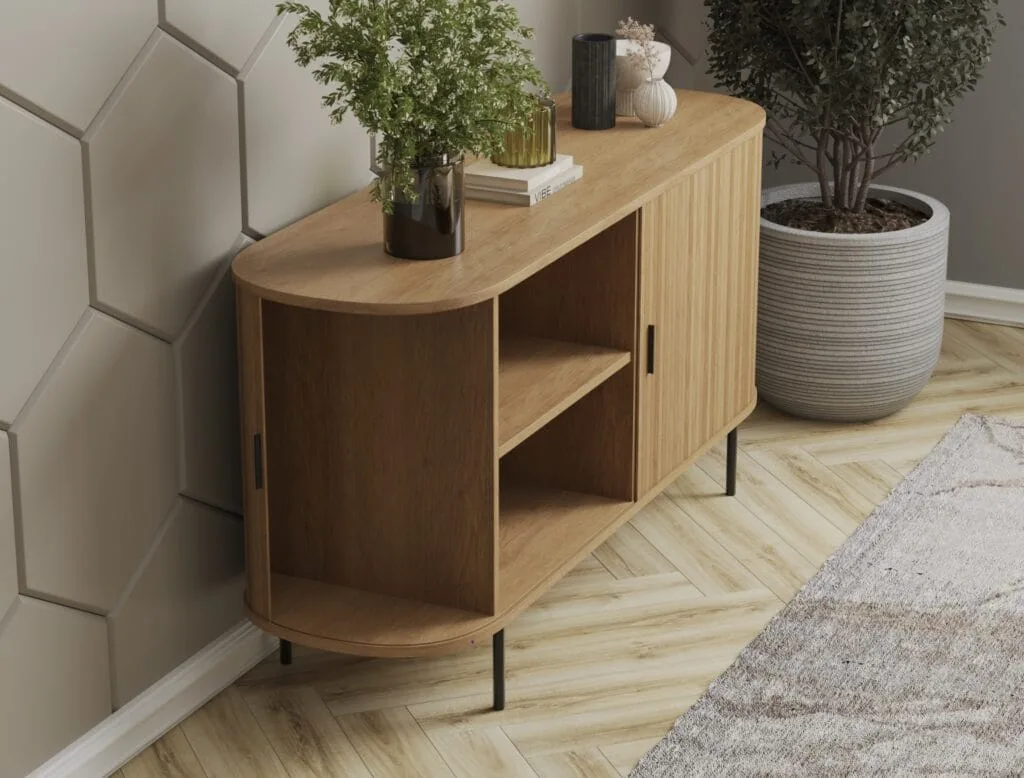 Oval wooden TV stand with rounded edges and black legs. - Intervibe studio