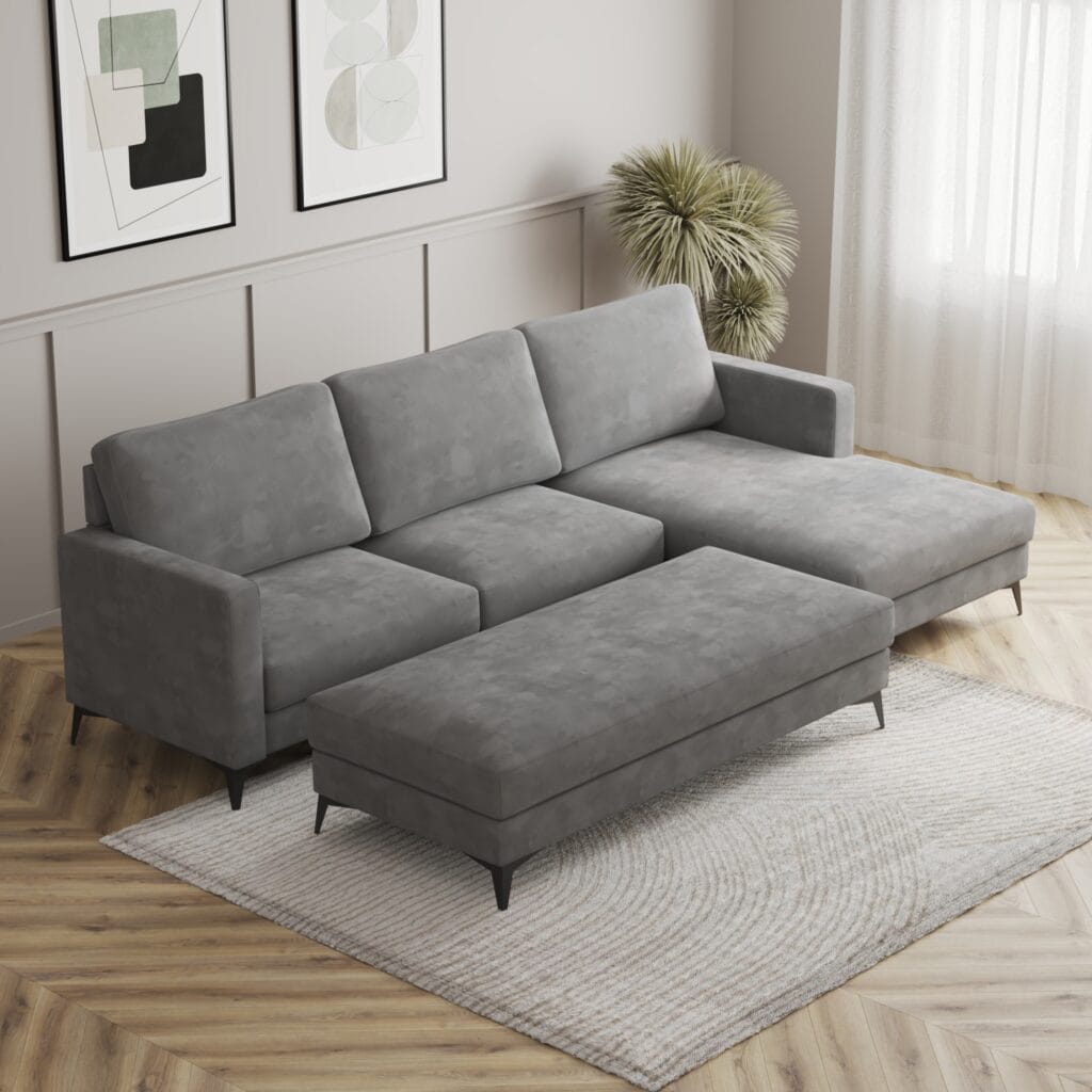 Angled view of light grey sectional sofa in modern interior – photorealistic 3D furniture render