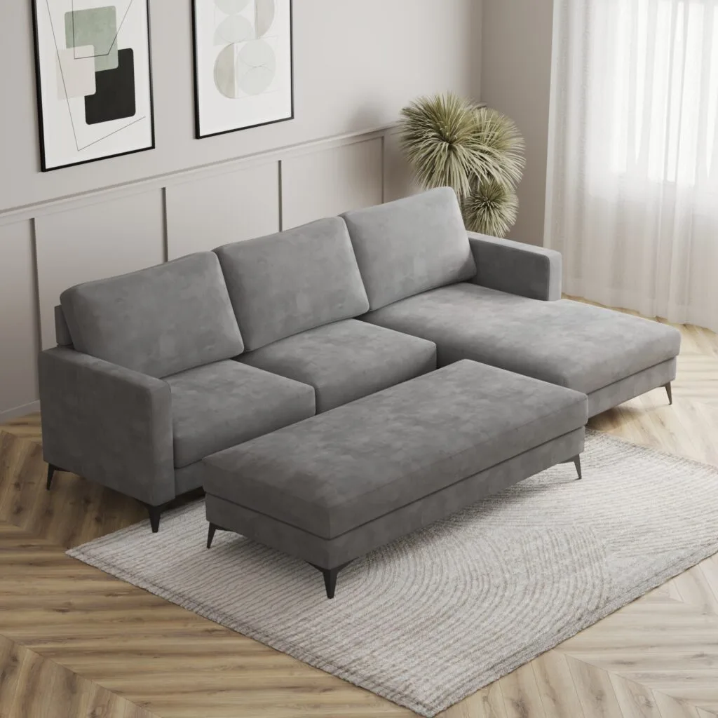 Angled view of light grey sectional sofa in modern interior – photorealistic 3D furniture render
