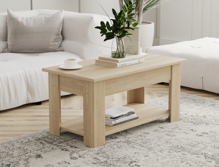 Angled view of wooden coffee table with lift-top storage in modern interior – Intervibe Studio visualization