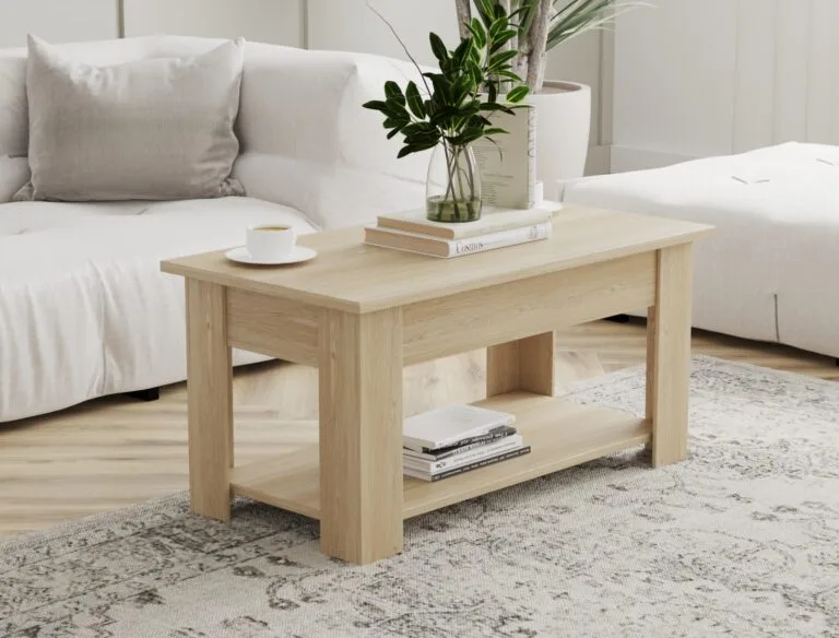 Angled view of wooden coffee table with lift-top storage in modern interior – Intervibe Studio visualization