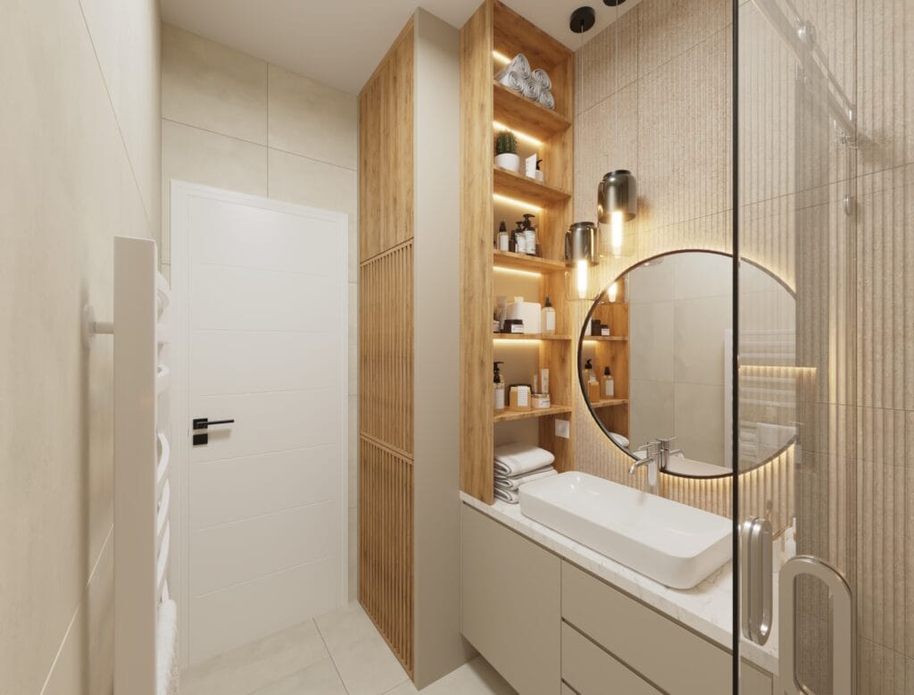 Bathroom vanity with round mirror and wooden shelves – Intervibe Studio
