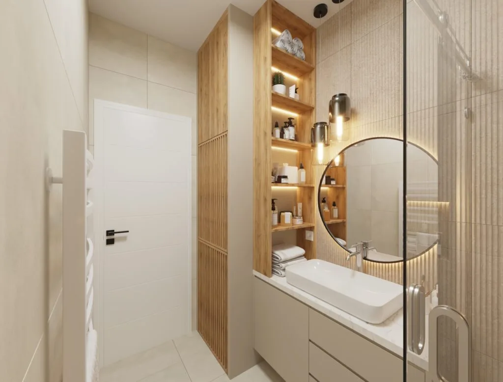 Bathroom vanity with round mirror and wooden shelves – Intervibe Studio