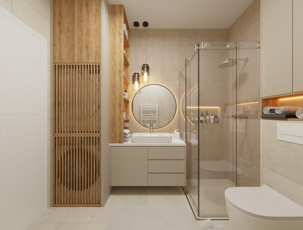 Bathroom with floating vanity, round mirror, and wooden wall slats – Intervibe Studio