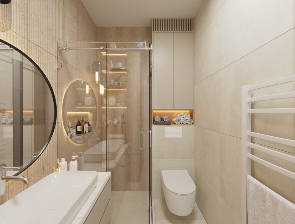 Bathroom with wall-mounted toilet and shelving – Intervibe Studio Interior