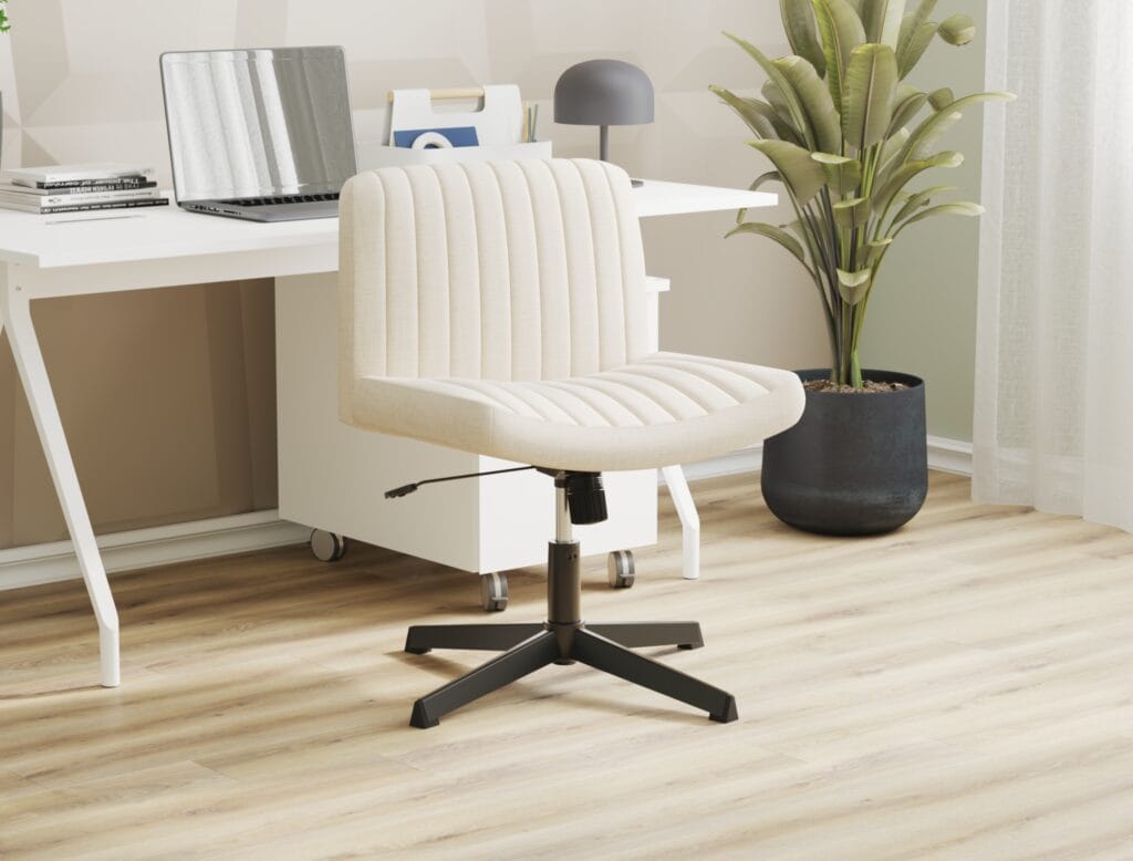 Beige modern desk chair in bright office interior – photorealistic 3D render