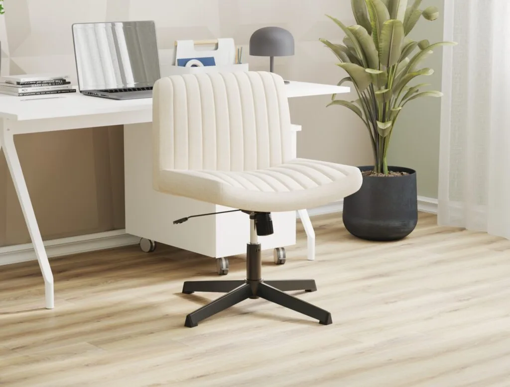 Beige modern desk chair in bright office interior – photorealistic 3D render