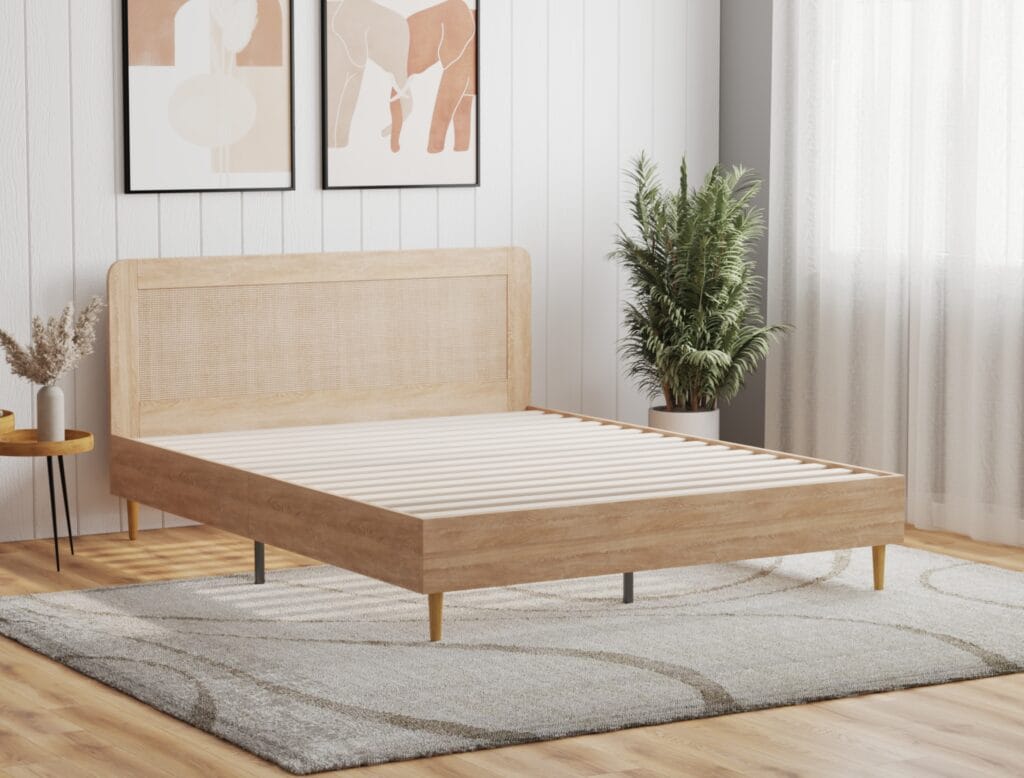 Minimalist wooden bed frame 3D render