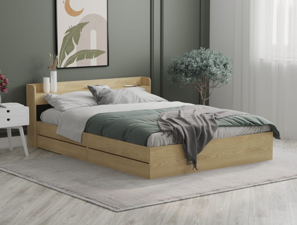 Minimalist wooden bed frame 3D render