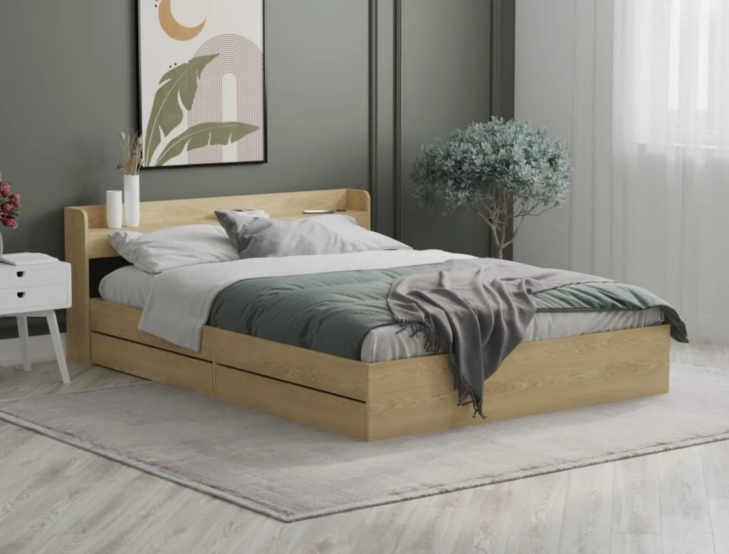 Minimalist wooden bed frame 3D render