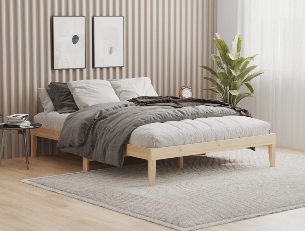 Minimalist wooden bed frame 3D render