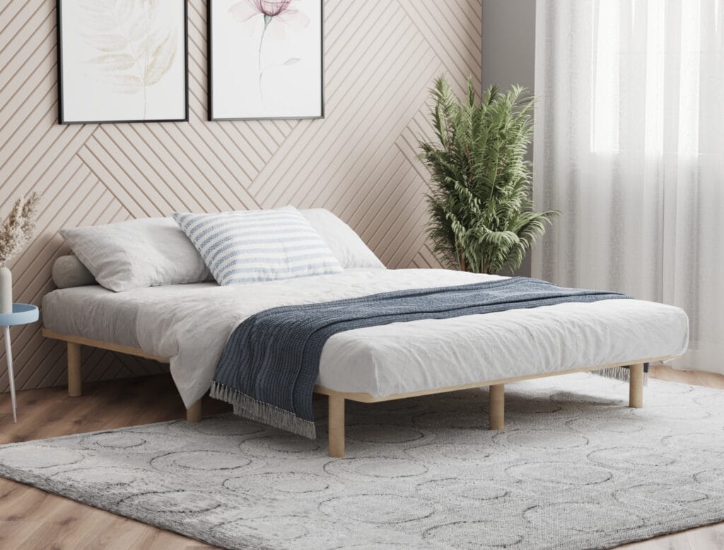 Minimalist wooden bed frame 3D render