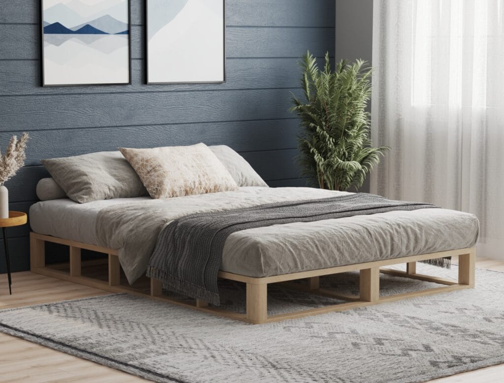 Minimalist wooden bed frame 3D render