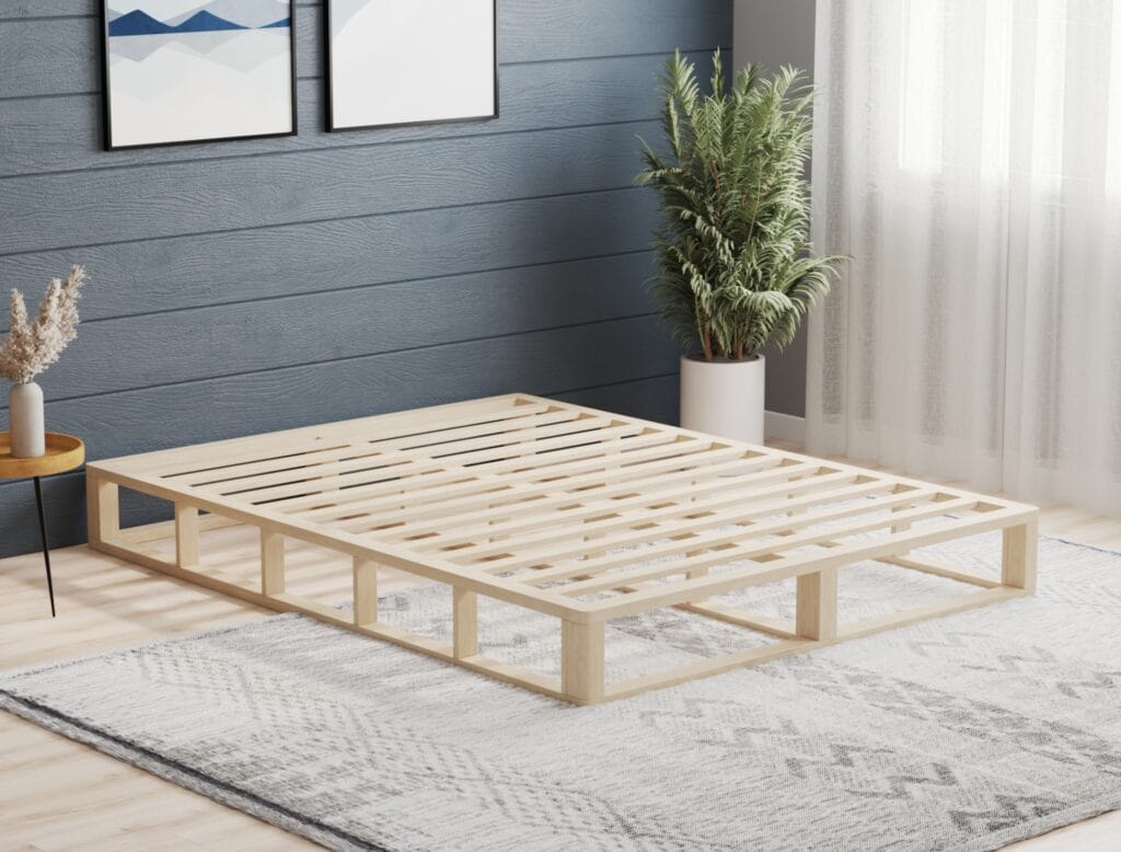 Minimalist wooden bed frame 3D render