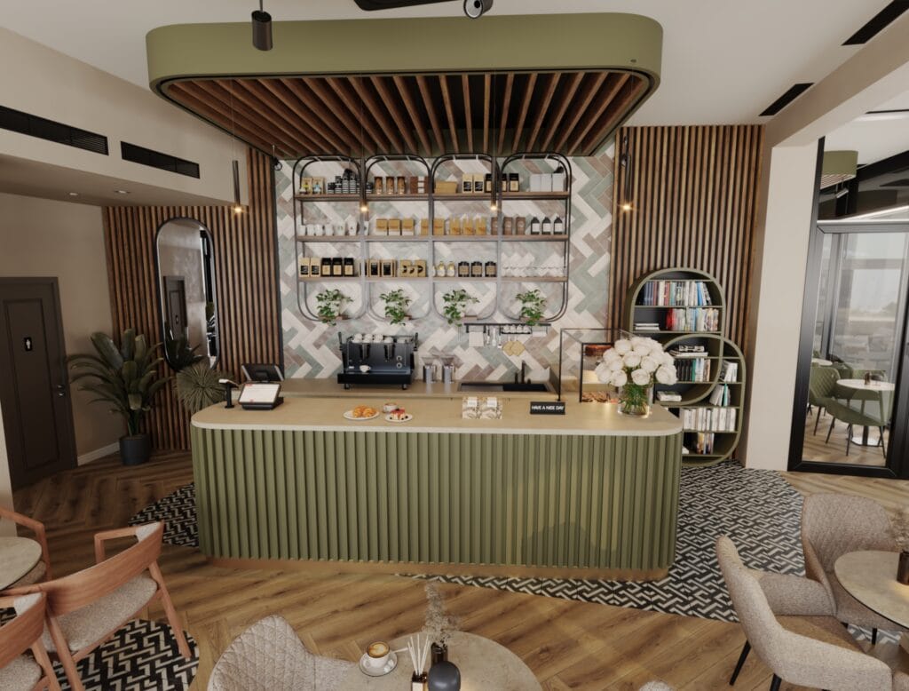 Café bar counter with shelving, coffee machine, and patterned floor