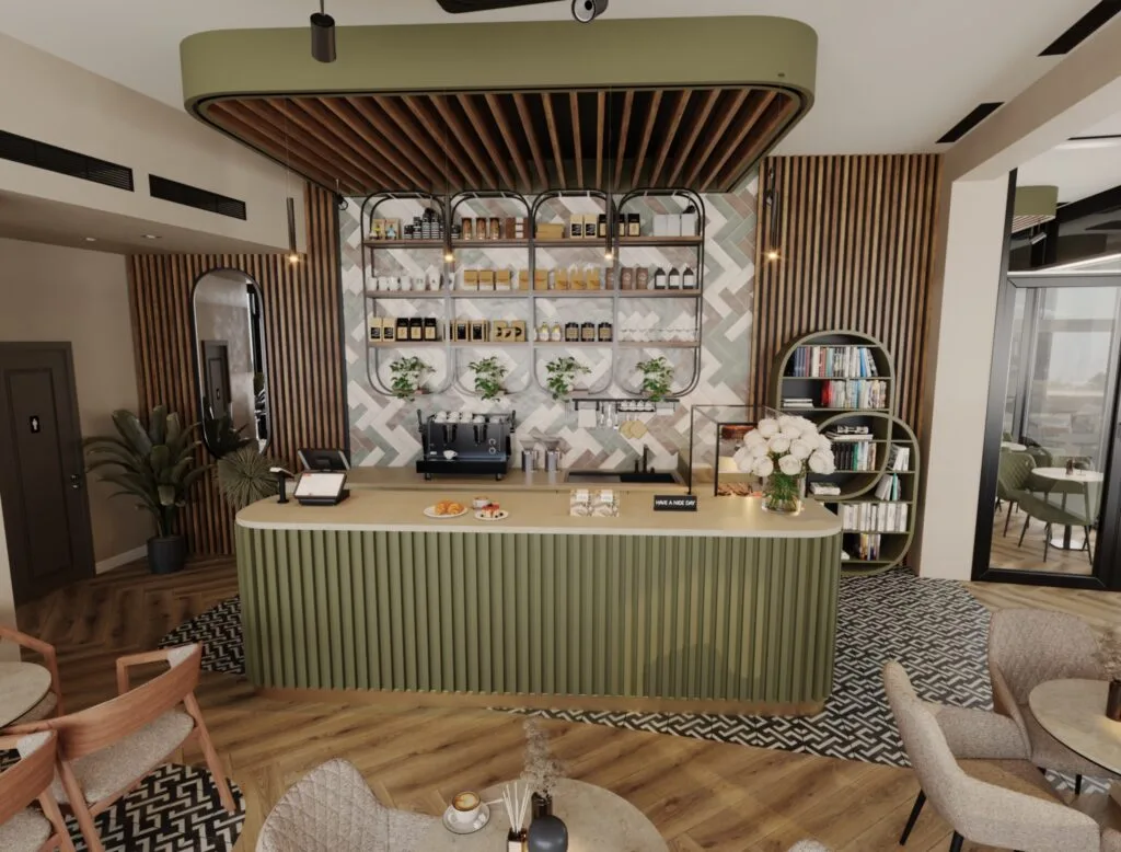 Café bar counter with shelving, coffee machine, and patterned floor