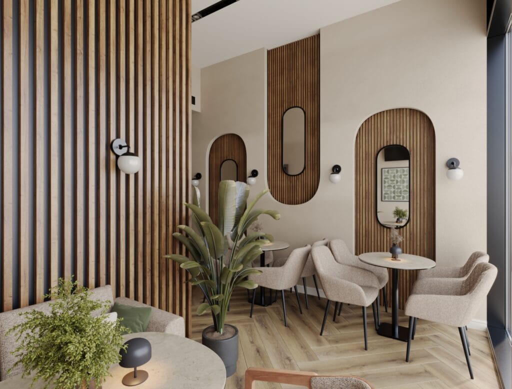 Café corner with vertical wooden panels, decorative mirrors, and indoor plants
