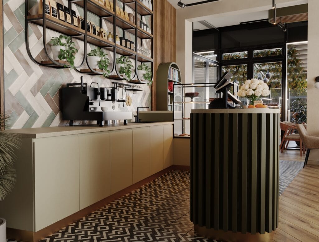 Café counter with coffee machines, wooden shelves, and decorative plants