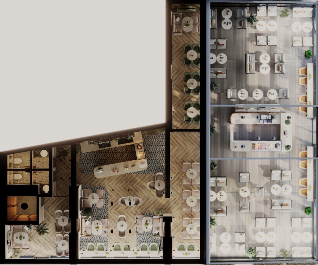 Café floor plan CGI visualization – top view layout of modern coffee shop interior