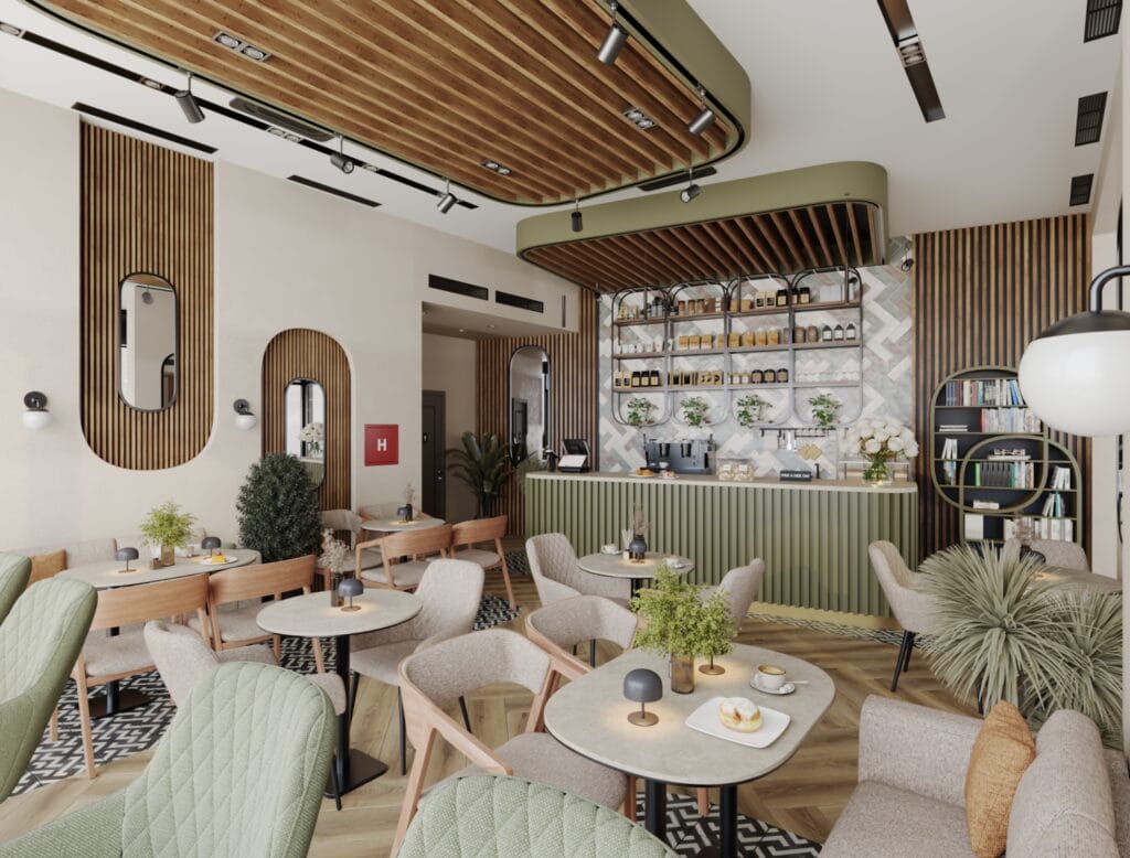 Café interior with green bar, wooden ceiling, and cozy seating