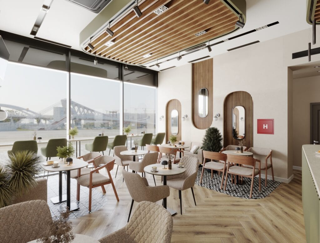 Café interior with large glass windows and outdoor view