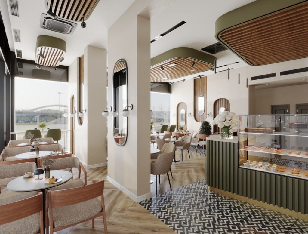 Café seating area with green chairs, wooden ceiling, and patterned flooring