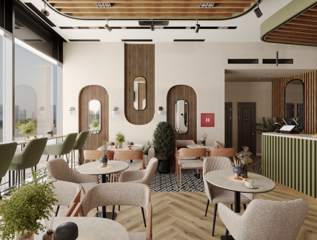 Café seating area with beige chairs, mirrors, and wooden accents