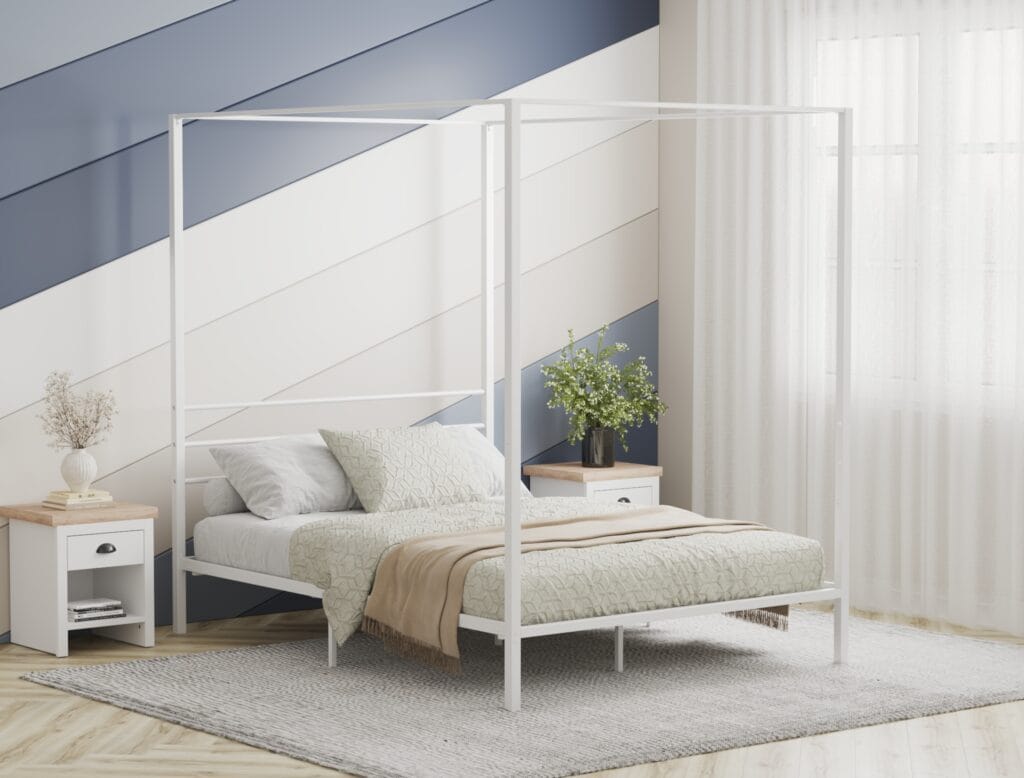 Canopy bed frame visualization in modern bedroom interior