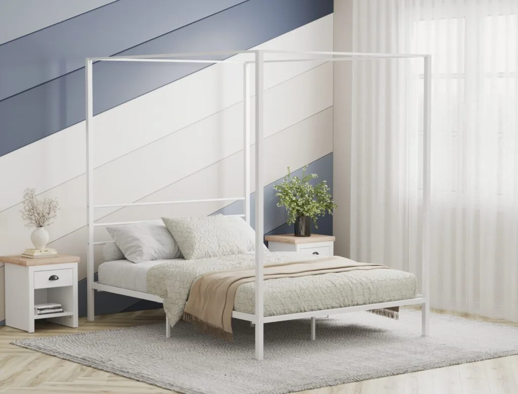 Canopy bed frame visualization in modern bedroom interior