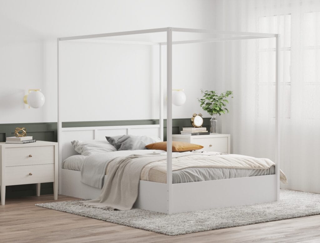 Canopy bed frame visualization in modern bedroom interior