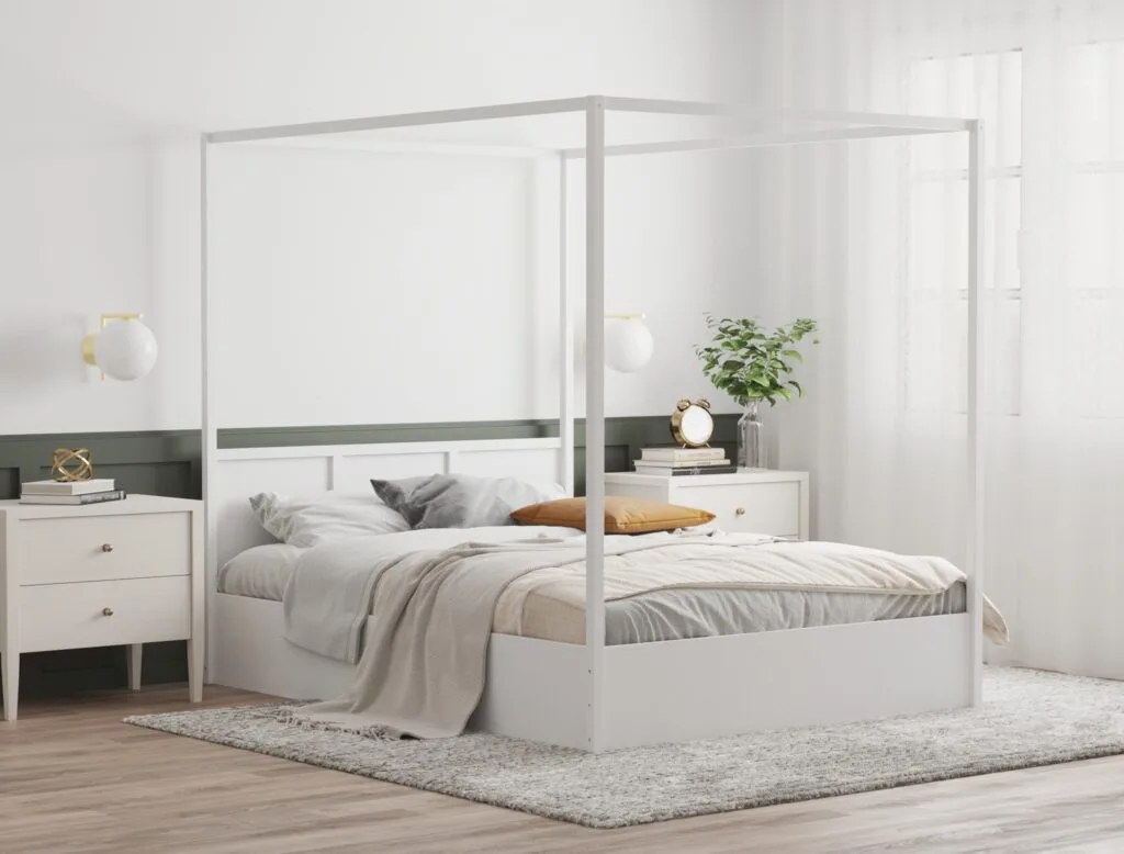 Canopy bed frame visualization in modern bedroom interior