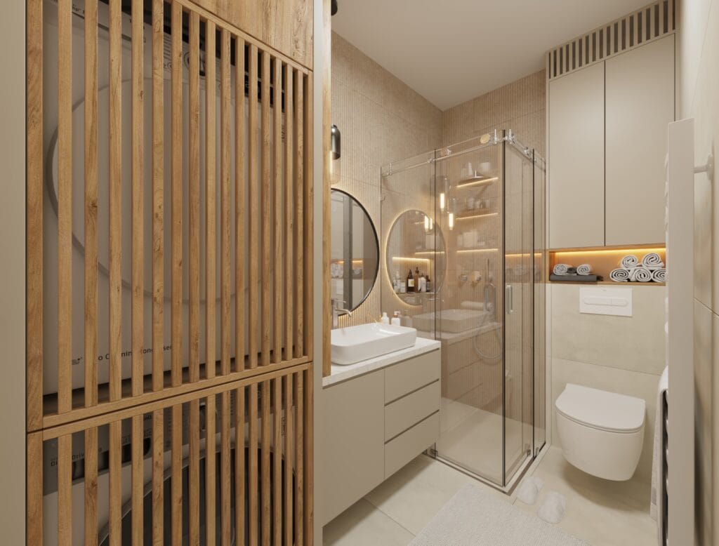 Compact beige bathroom with glass shower, floating vanity and wood slat laundry screen
