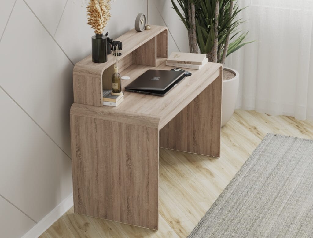 Wooden desk with upper shelf in natural oak finish.