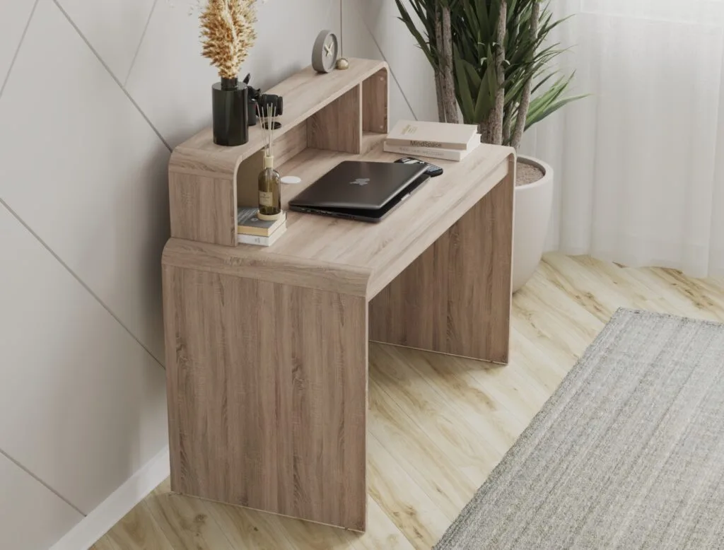 Wooden desk with upper shelf in natural oak finish.