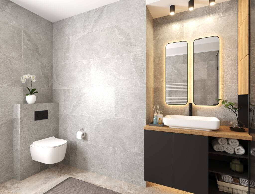 Modern bathroom design with gray tiles, wooden vanity and LED mirrors – Intervibe Studio interior visualization