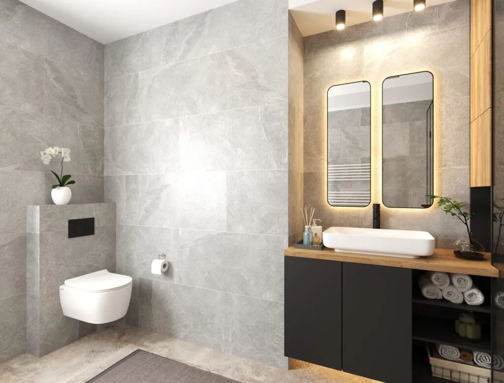 Modern bathroom design with gray tiles, wooden vanity and LED mirrors – Intervibe Studio interior visualization