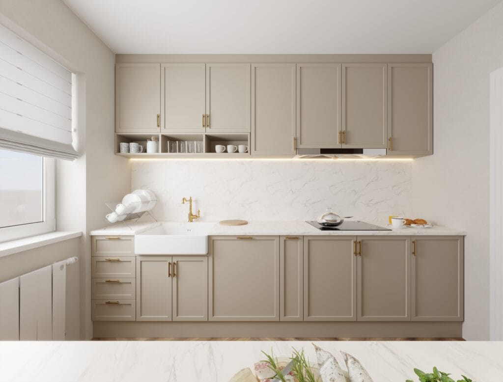 Contemporary kitchen with upper and lower cabinets and LED strip lighting – Intervibe Studio