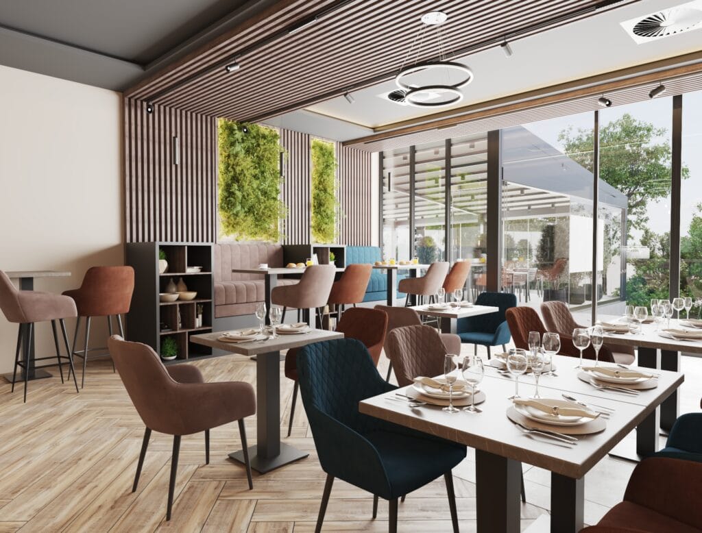 Contemporary restaurant visualization with open view and stylish furniture