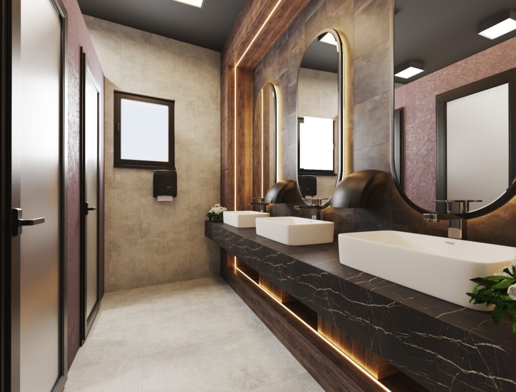 Contemporary restroom interior with decorative mirrors and modern lighting – CGI visualization